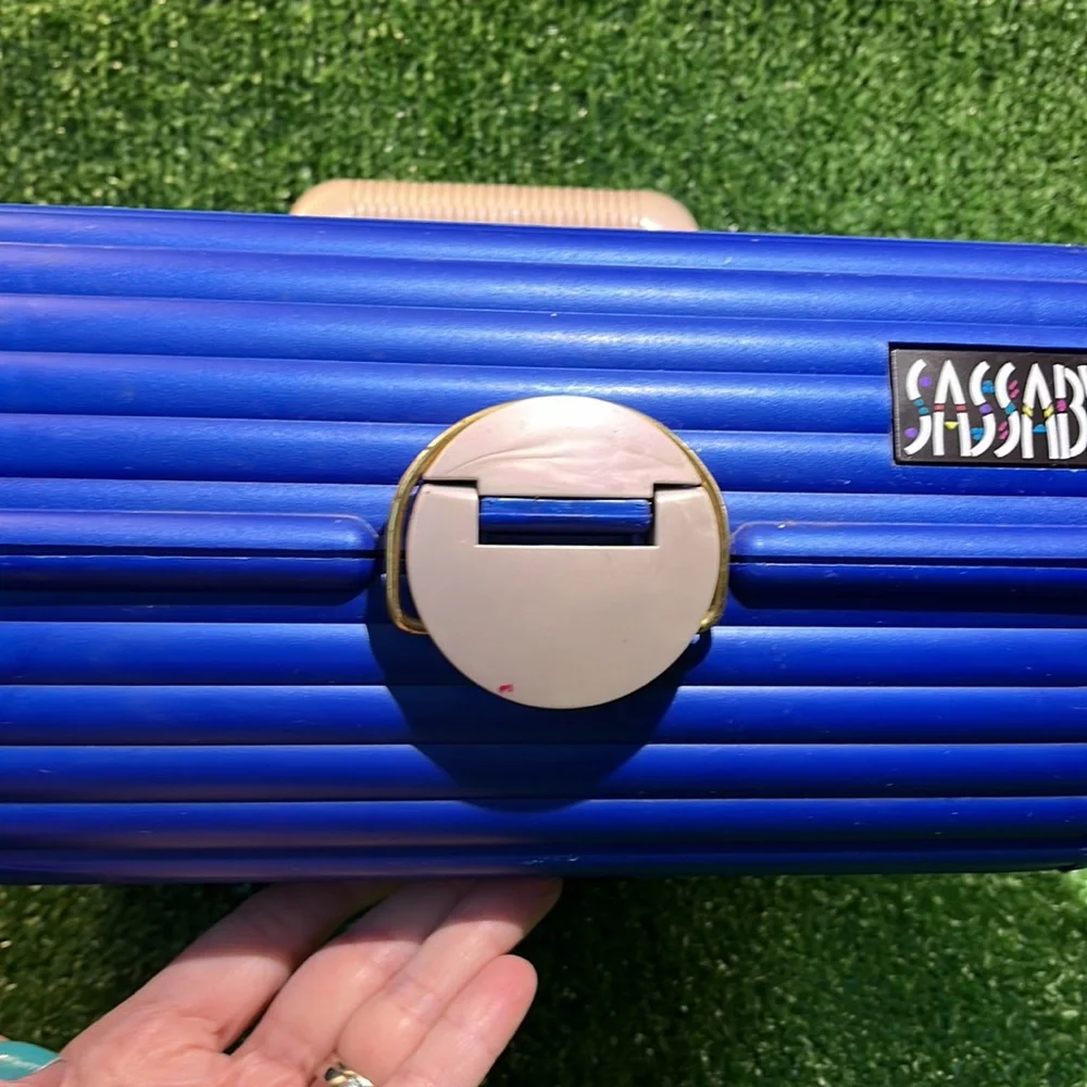 Vintage SASSABY Blue Makeup Travel Case Jewelry Box Organizer with Mirror